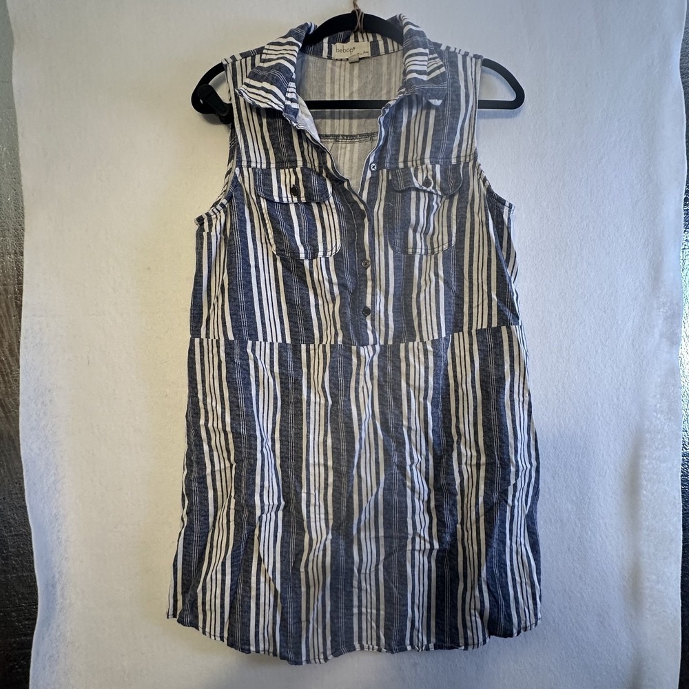 Bebop Striped Sleeveless Button Down Shirt XL Blue White Linen ZNF9-4433-Z1